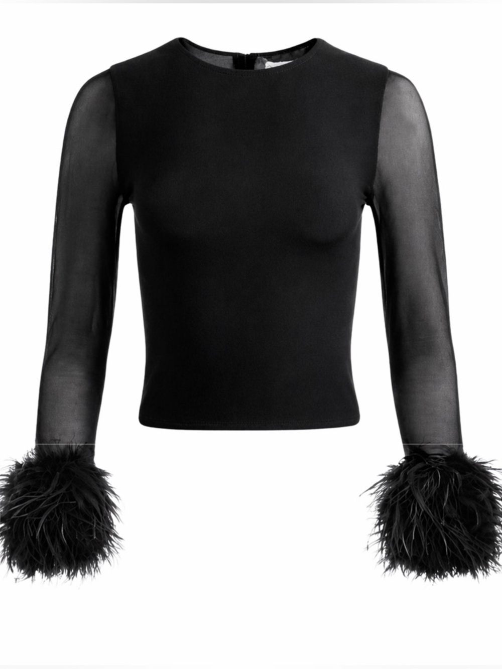 Alice + Olivia Delaina Feather Cuff Mesh Top | Sheer Black Statement Top Size M - Picture 2 of 9